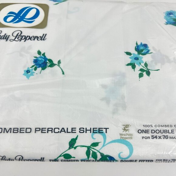 Vintage Lady Pepperell Blue Rose Double Fitted Sheet Percale 100% cotton - Picture 3 of 6